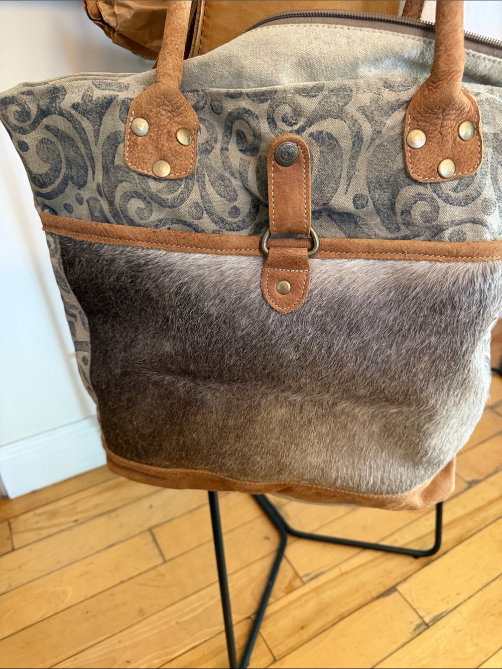 Women's  cowhide Mixed-Material Brown & Gray Tote Bag